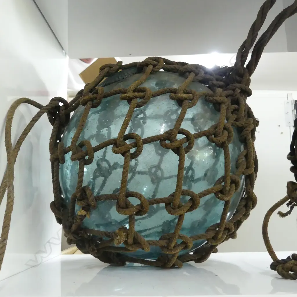 OLD GLASS FISHING FLOAT WITH BROWN NETTING DIA APPROX 260MM Image 1++