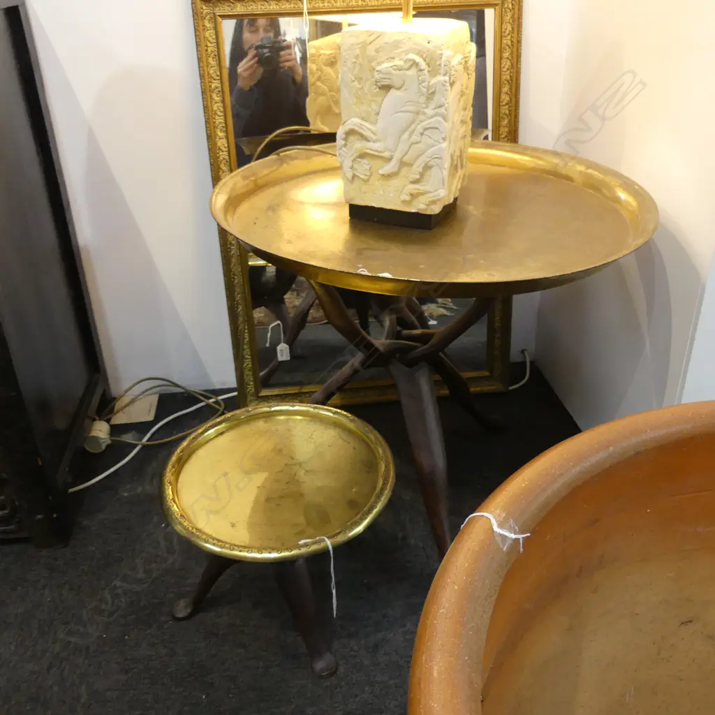 2 ORIENTAL BRASS TRAY TABLES 620 & 320mm dia Image 1++