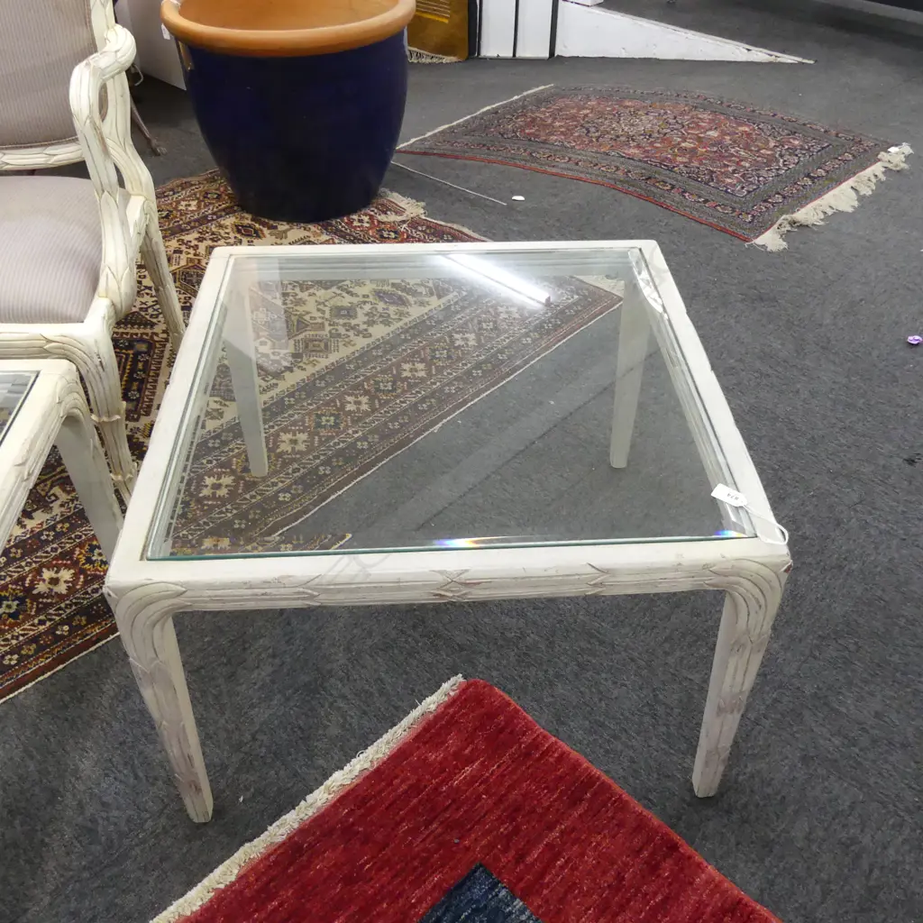 WHITE PAINTED SQUARE GLASS TOP SIDE TABLE 690x690x460mm Image 1++