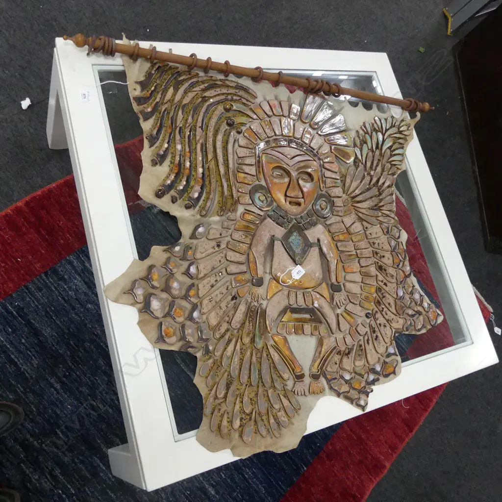 BRUCE PAPAS 'MASKED DANCER FROM TLATELOLCO' TILE & LEATHER HIDE WALL HANGING 950x900mm AF Image 1++