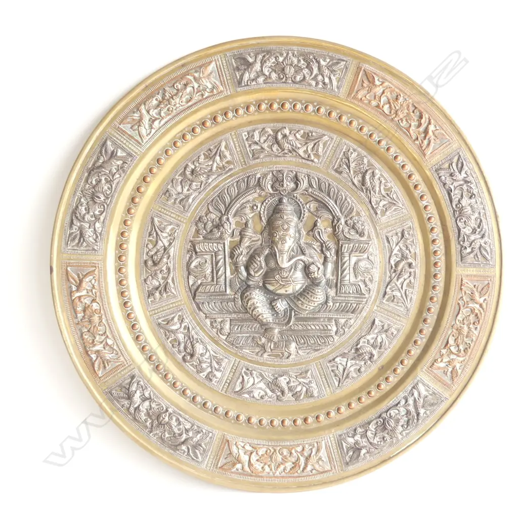 INDIAN BRASS PLATE w. SILVER DECORATION / THE BACK INSCRIBED 'INAGURATION OF MADURAI DAIRY' 335mm dia Image 1++