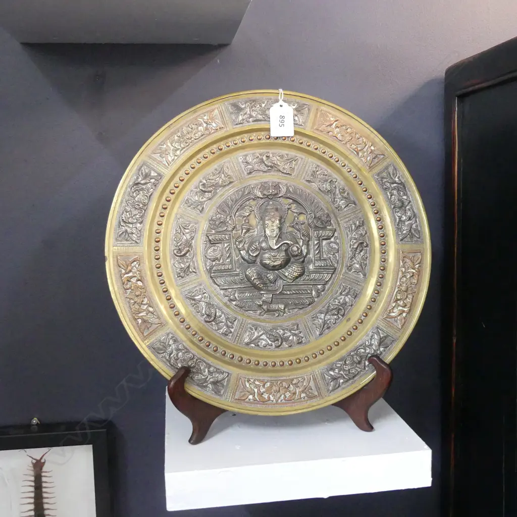 INDIAN BRASS PLATE w. SILVER DECORATION / THE BACK INSCRIBED 'INAGURATION OF MADURAI DAIRY' 335mm dia Image 1++