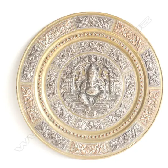 INDIAN BRASS PLATE w. SILVER DECORATION / THE BACK INSCRIBED 'INAGURATION OF MADURAI DAIRY' 335mm dia