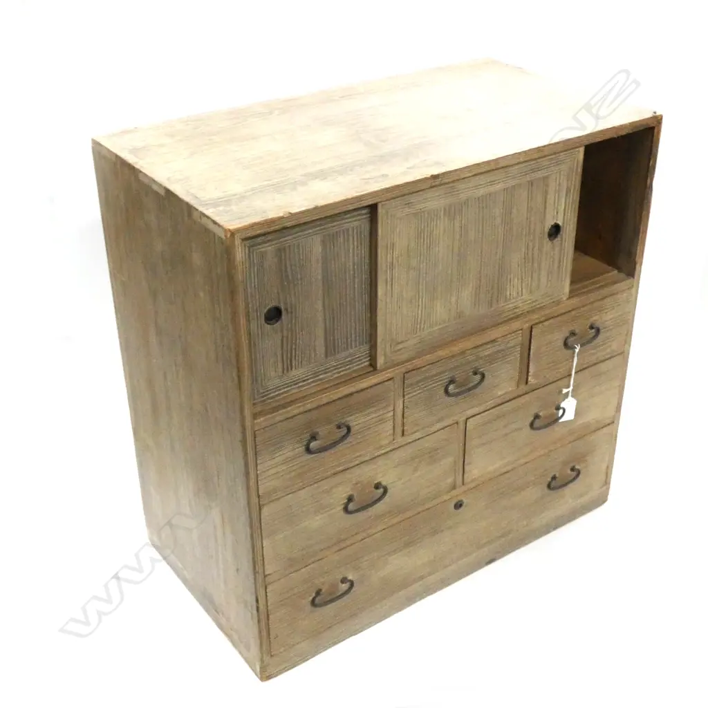 JAPANESE TANSU WOODEN CHEST - 6 DRAWER / 2 CUPBOARD 600 X 330 X 600MM Image 1++
