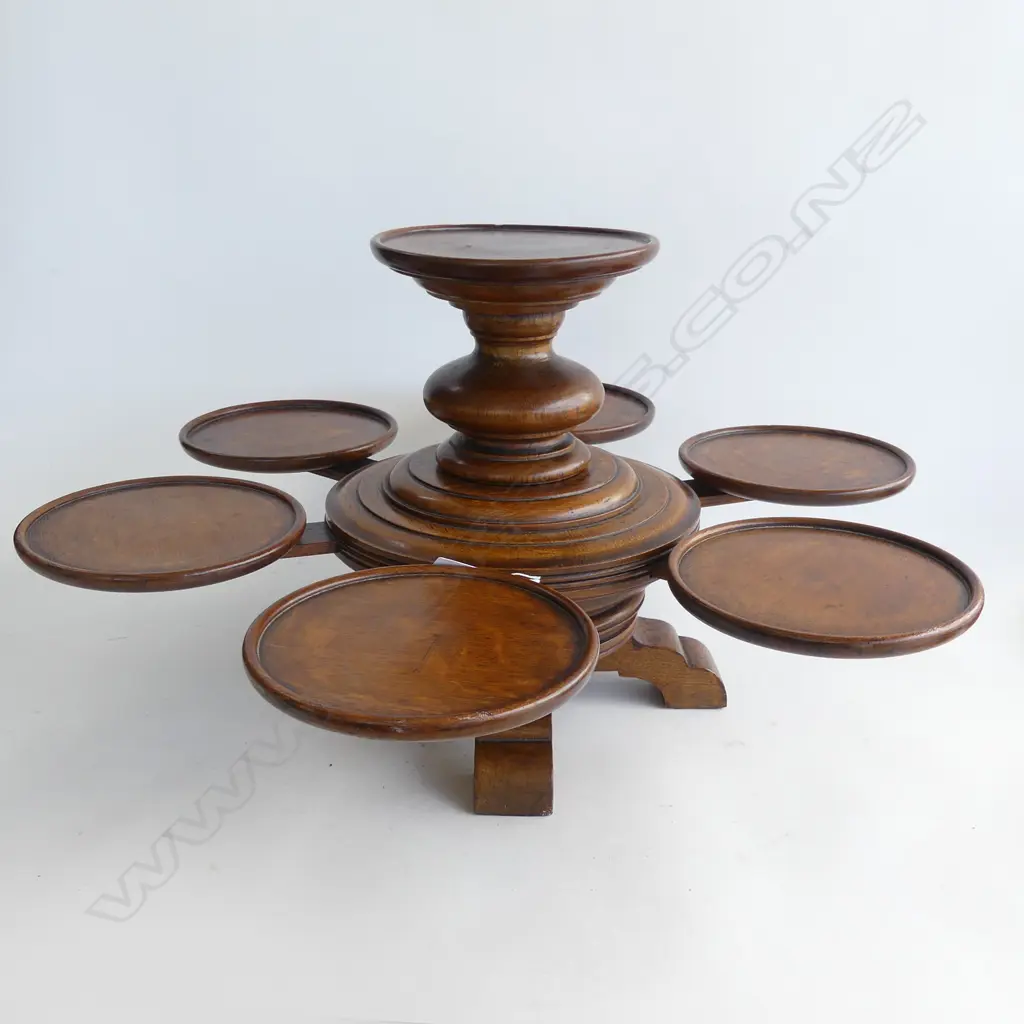 UNUSUAL TURNED OAK 'LAZY SUSAN' C. 1930s 6 CIRCULAR PLATEAU ENCOMPASSING CENTRAL COLUMN WITH PEDASTAL  H. 320mm x 600mm Image 1++