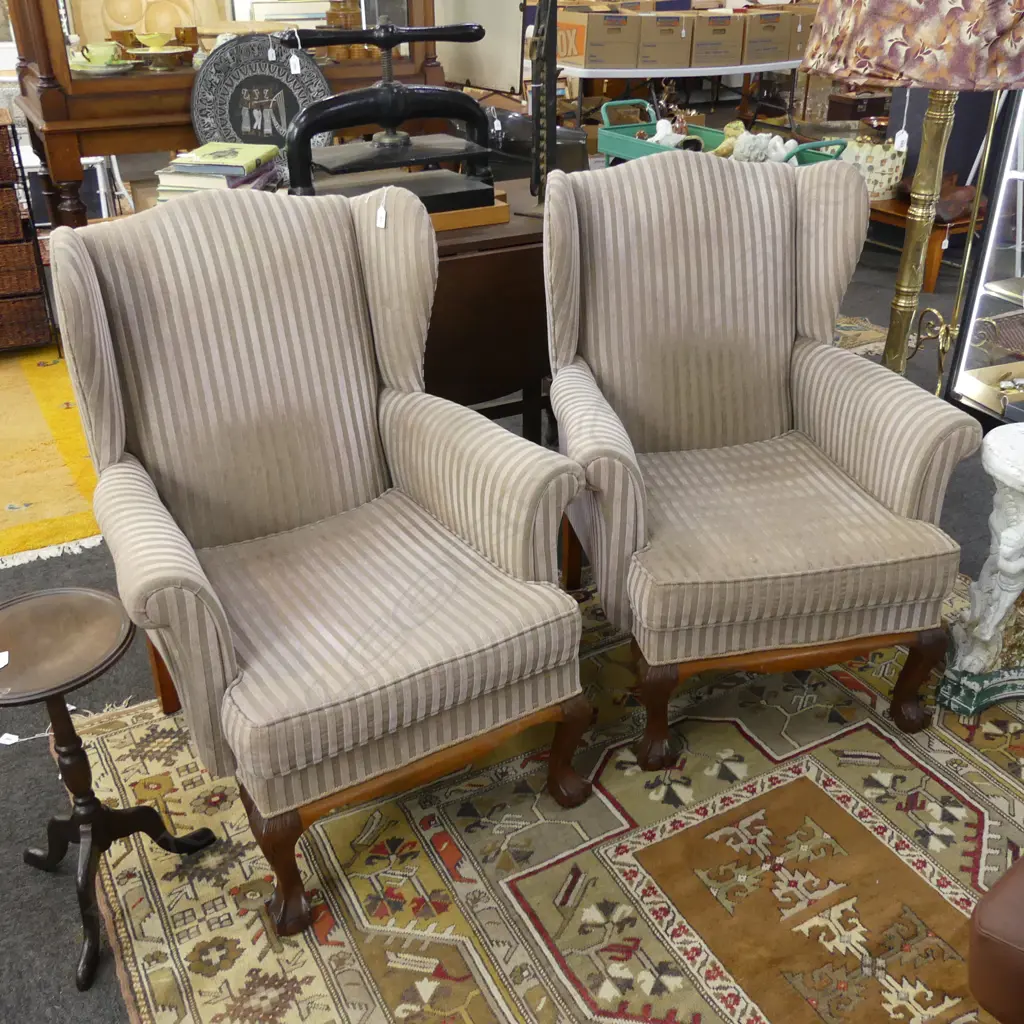 2 WING BACK ARMCHAIRS WITH BALL AND CLAW FEET Image 1++