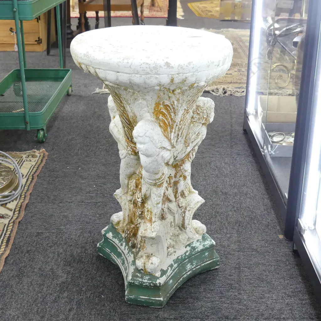 VINTAGE WHITE PAINTED CONCRETE GARDEN STOOL / TABLE w. CHERUB DESIGN H.530mm Image 1++