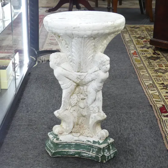 VINTAGE WHITE PAINTED CONCRETE GARDEN STOOL / TABLE w. CHERUB DESIGN H.530mm