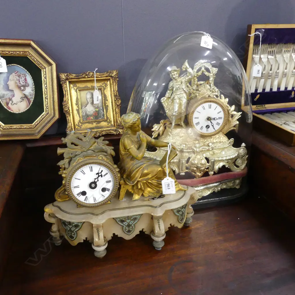2 FRENCH MANTEL CLOCKS (AS IS, NO MOVEMENTS) ONE w GLASS DOME Image 1++