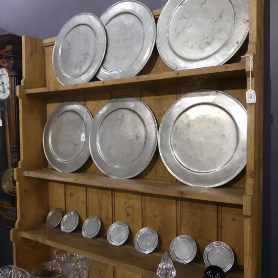 8 PEWTER PLATES 340mm dia + 1 OTHER + 8 COASTERS 105mm dia
