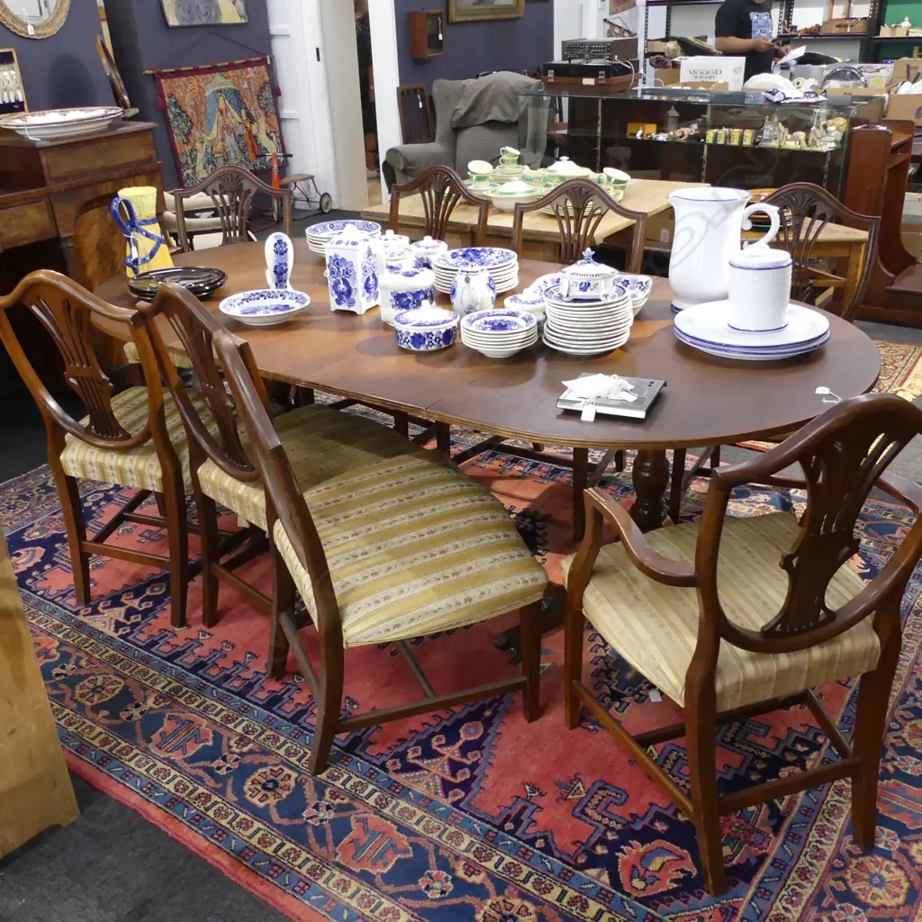 MAHOGANY TWIN PEDESTAL EXTENSION DINING TABLE w. 8 SHIELD BACK CHAIRS... Image 1++