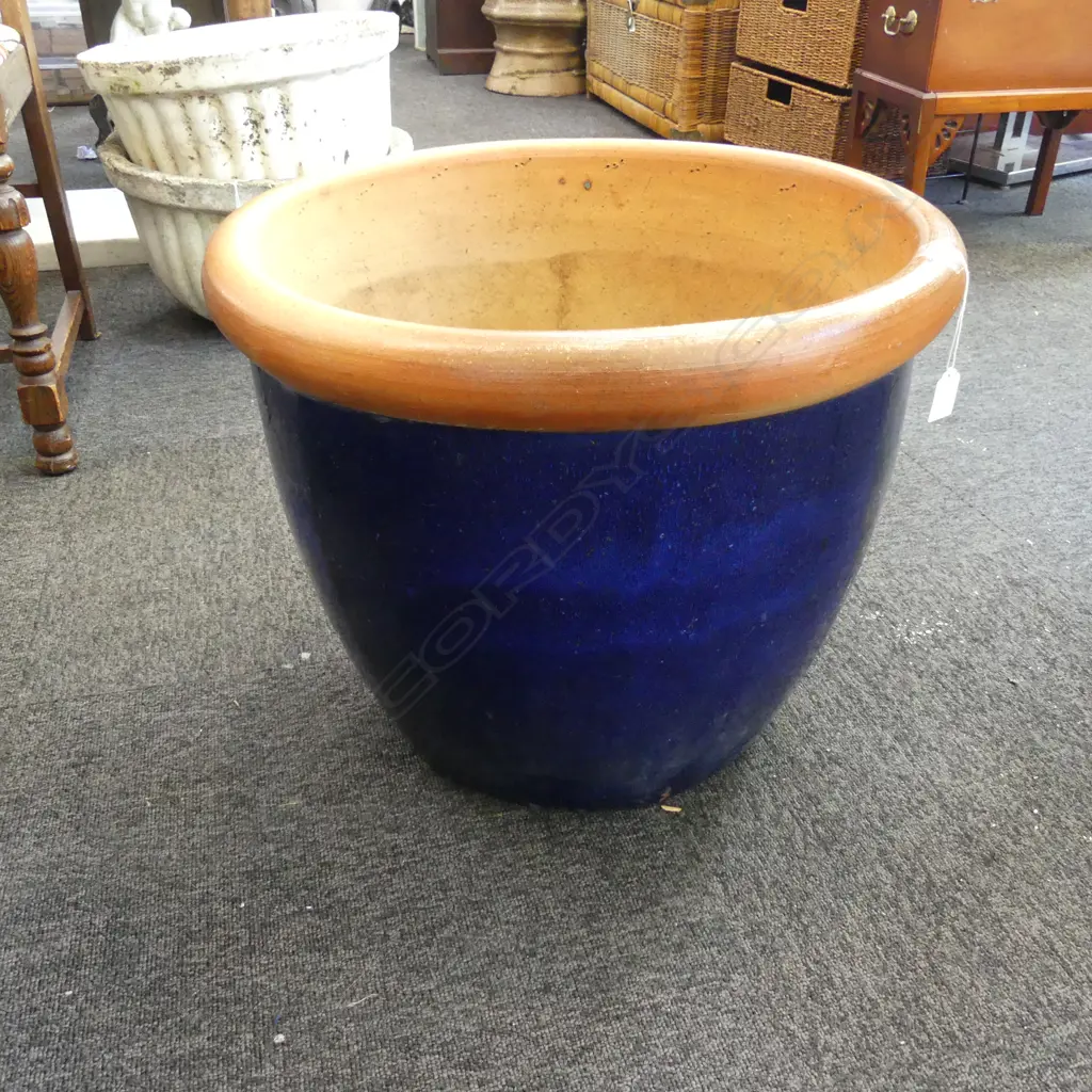 VERY LARGE BLUE GLAZED PLANTER POT H430 DIA 510MM Image 1++