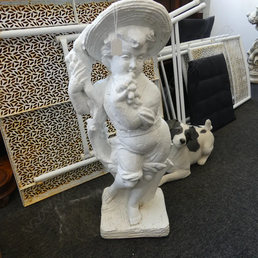 WHITE CONCRETE BOY WITH HAT GARDEN ORNAMENT H 680MM Image 1++
