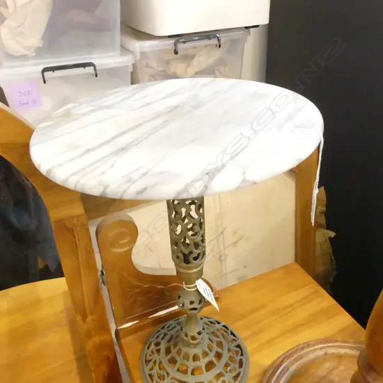 WOODEN STAND H.900mm + BRASS & MARBLE SIDE TABLE H.440mm