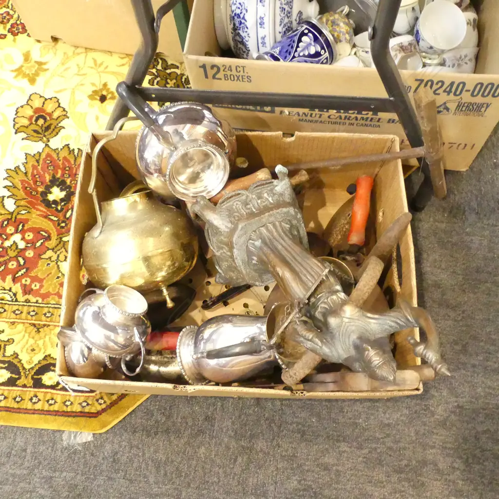 BOX LOT ASST. ANTIQUE IRONS, KETTLES, JUSTICE FIGURE ETC Image 1++