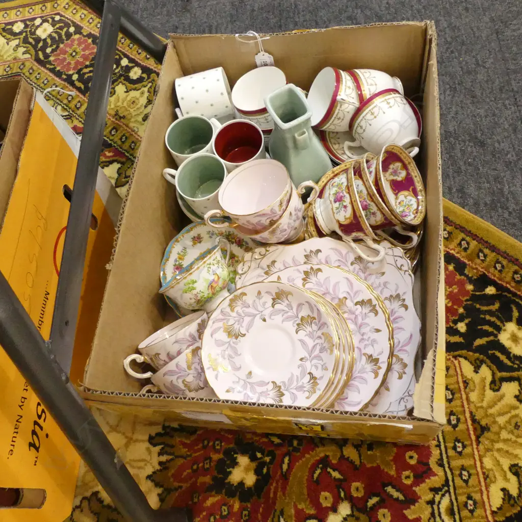 BOX LOT ASST CHINA INCL ROYAL ALBERT, TUSCAN & SUSIE COOPER PART TEA SETS ETC.. Image 1++