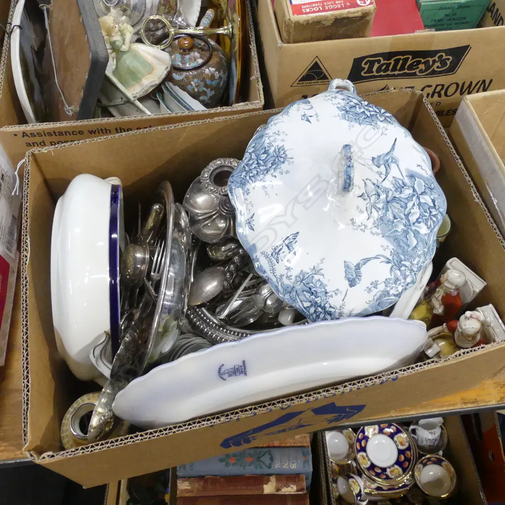 BOX LOT ASST. EP CUTLERY, TUREENS ETC  Image 1++