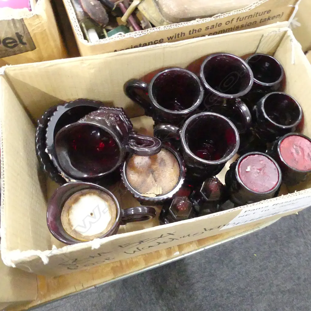 BOX ASST VINTAGE RUBY CUT GLASS; BOWLS, S&P, WINE ETC.. Image 1++
