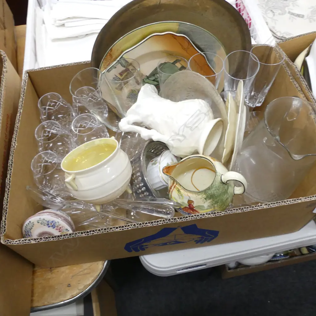 BOX LOT ASST. CRYSTAL + ROYAL DOULTON, BELLEEK ETC Image 1++