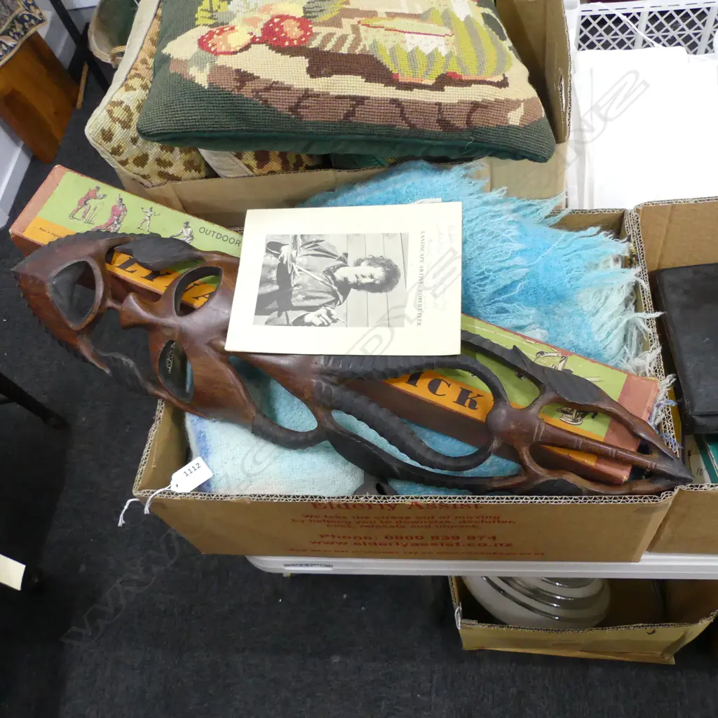 BOX LOT QUILT, MOHAIR BLANKET, 'CRICKET' GAME, 2 AFRICAN WOODEN CARVINGS Image 1++