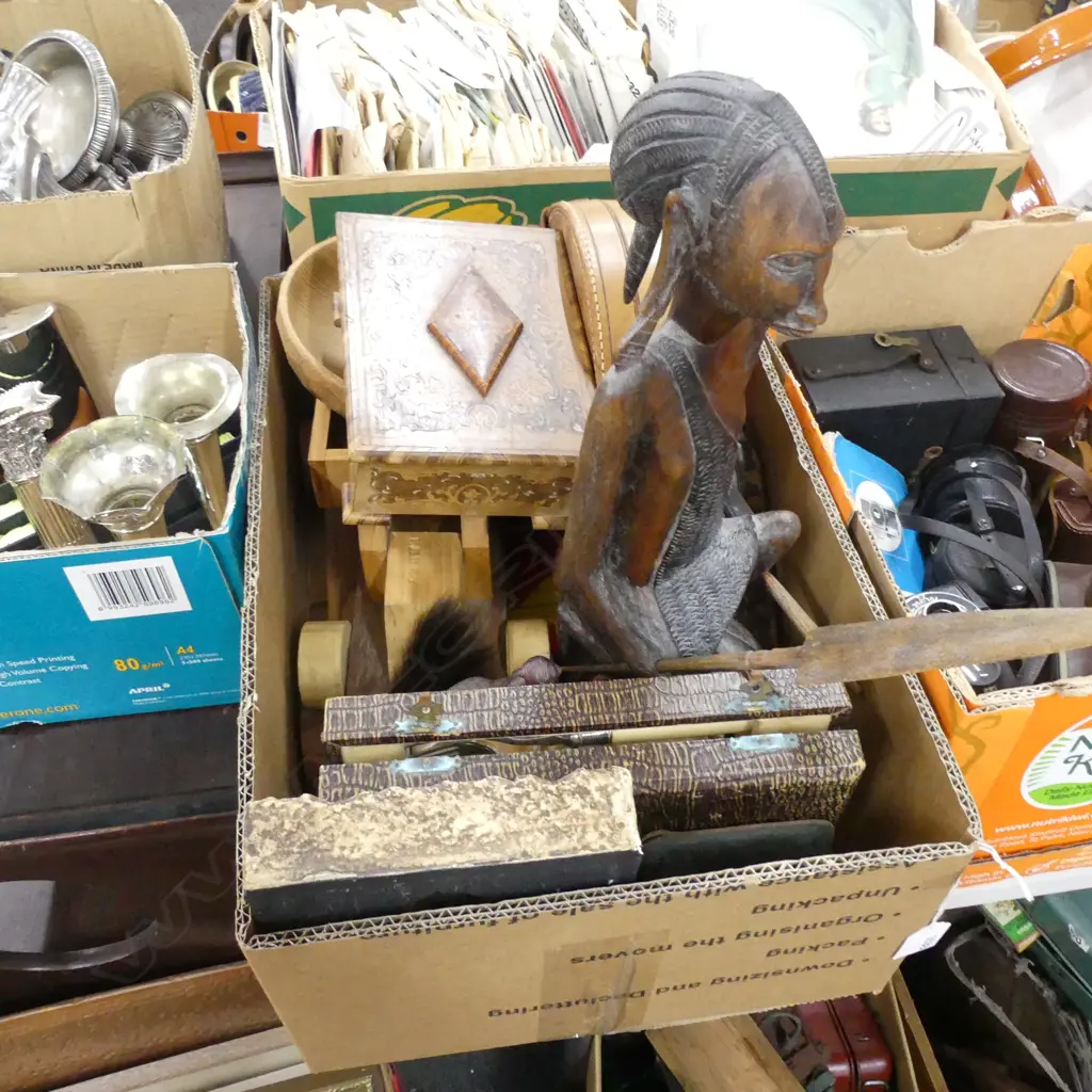 BOX LOT CARVED WOODEN AFRICAN WARRIOR, WOODEN TOYS, COLLAR BOX ETC Image 1++