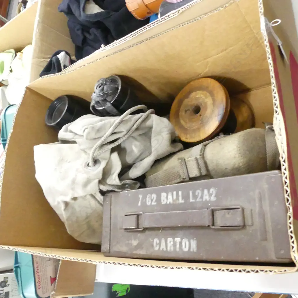 BOX ASST MILITARY ITEMS; AMMUNITION BOX, FLASK, KIT BAG ETC.. Image 1++