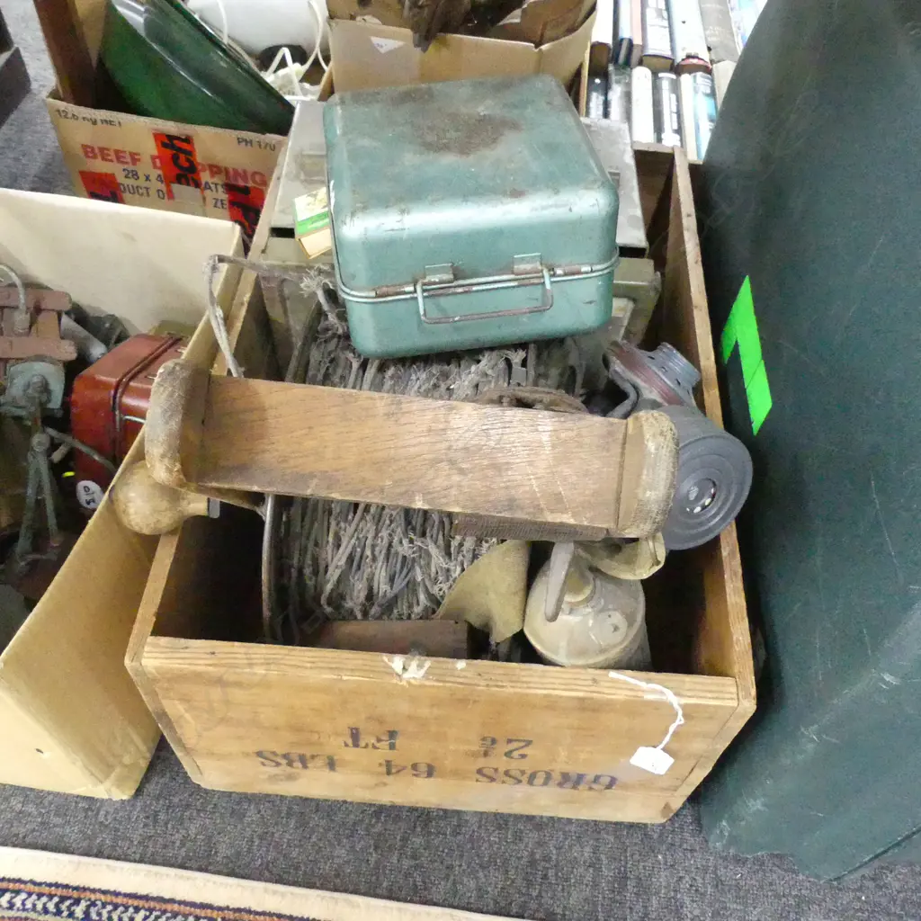 OLD WOODEN BOX WITH OLD GAS MASK, WOODEN WIND UP ELECTRICAL DISPENSER, OLD PRIMUS STOVE, MILITARY BOX ETC.. Image 1++