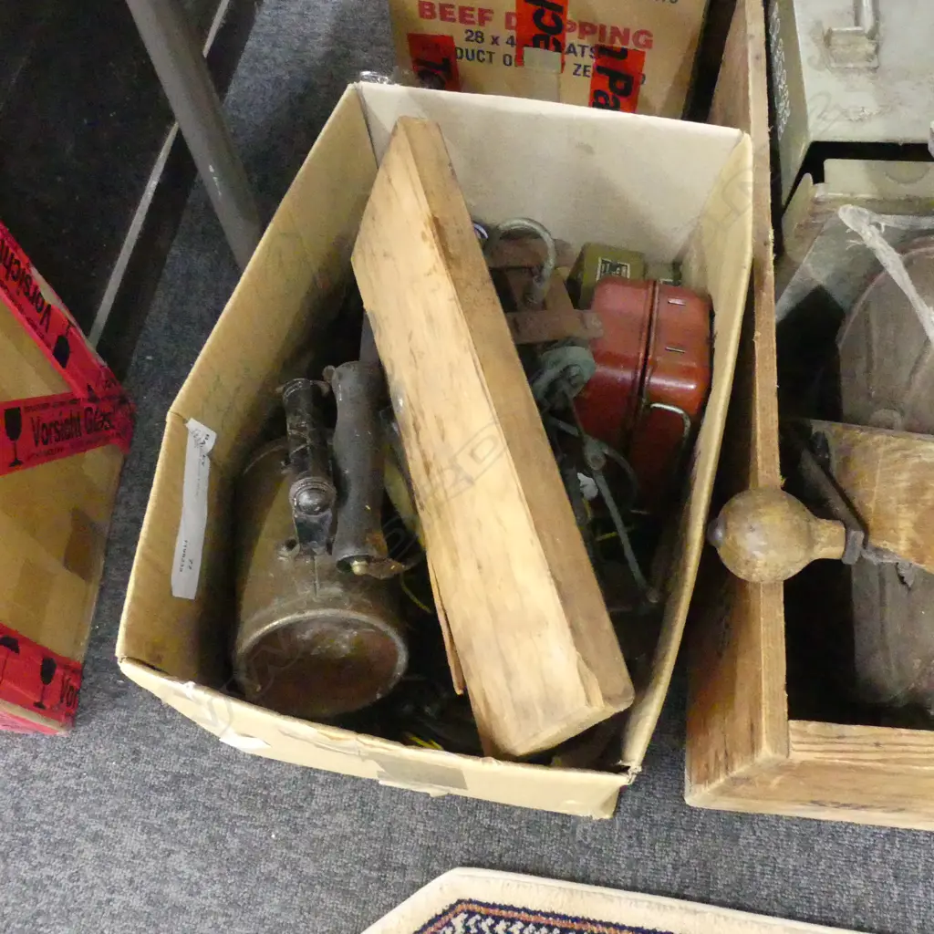 BOX LOT ASST INCL BRASS OIL CANS, COMMUNICATIONS EQUIP. ETC.. Image 1++