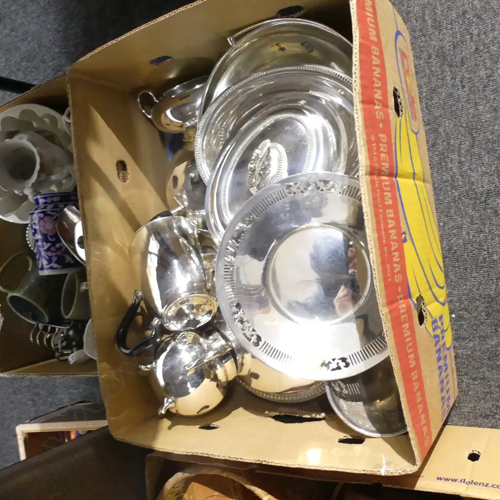 LG BOX ASST SILVER PLATE; SERVING DISHES, TEAPOTS ETC.. Image 1++