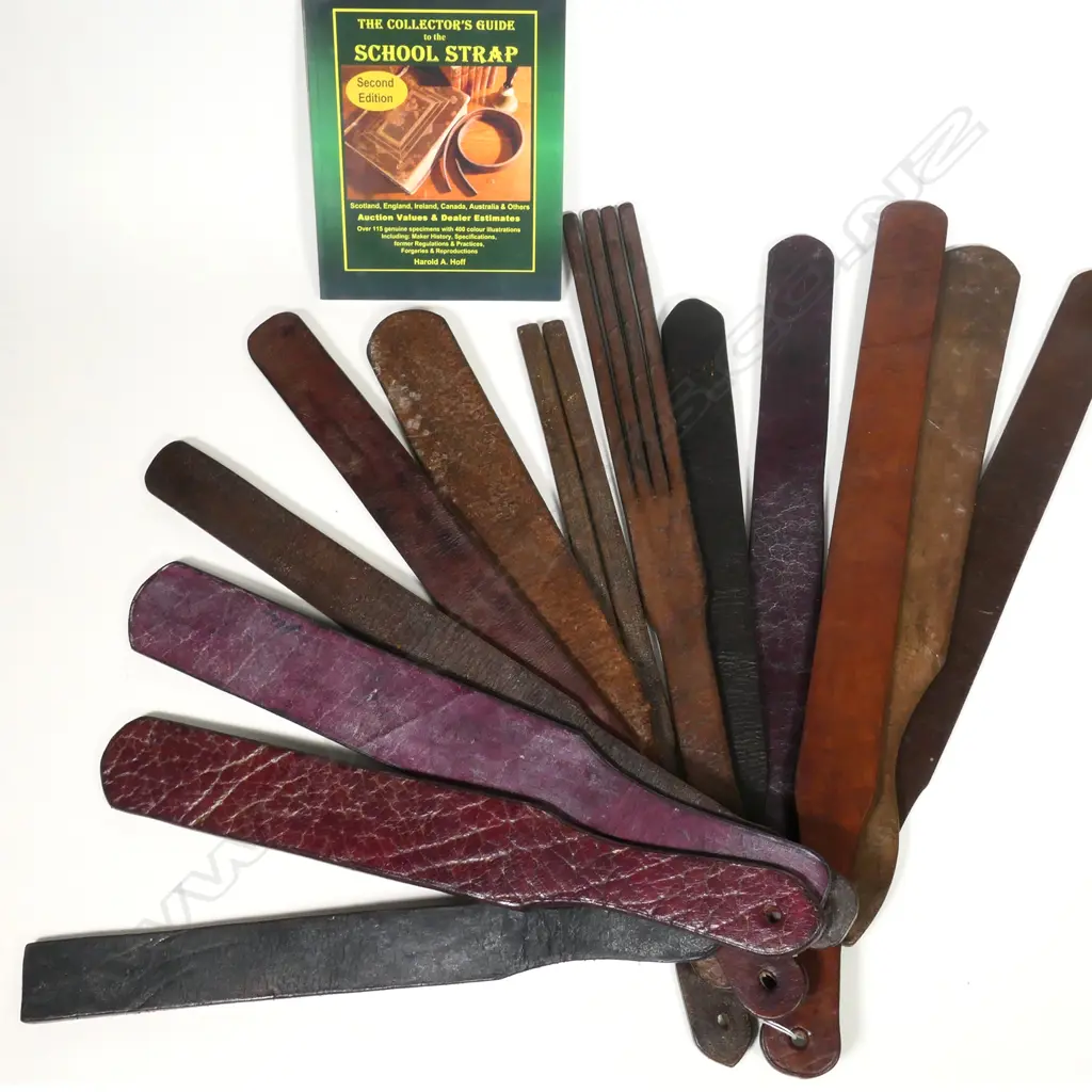 13 VINTAGE LEATHER SCHOOL STRAPS (LONGEST L. 715MM) + THE COLLECTOR'S GUIDE TO THE SCHOOL STRAP Image 1++