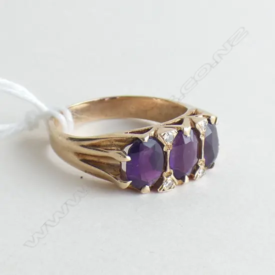 (16187) ESTATE 9CT 3 AMETHYST & DIAMOND RING