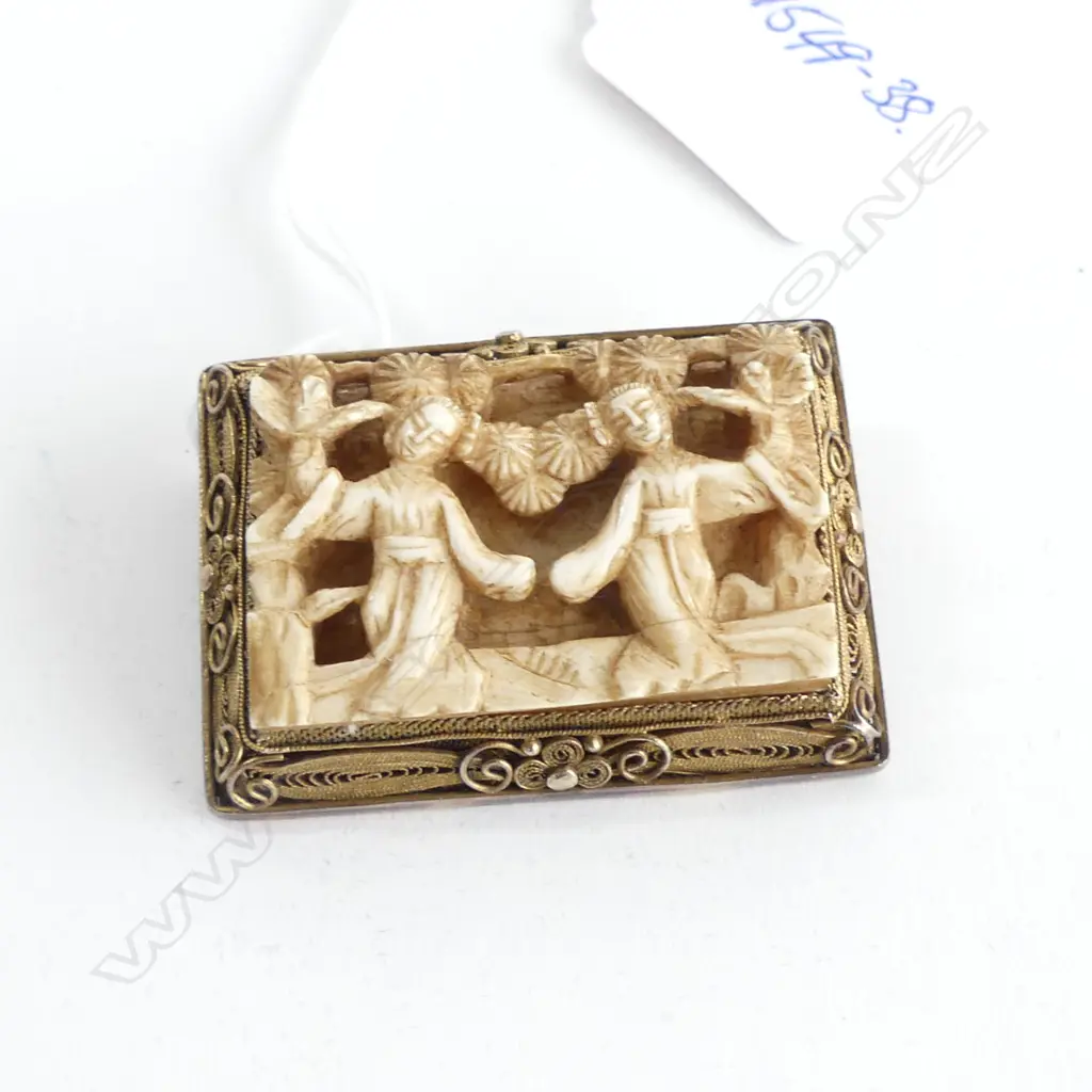 ANTIQUE CHINESE SILVER GILT & CARVED IVORY BROOCH DANCING WOMAN W.48mm Image 1++