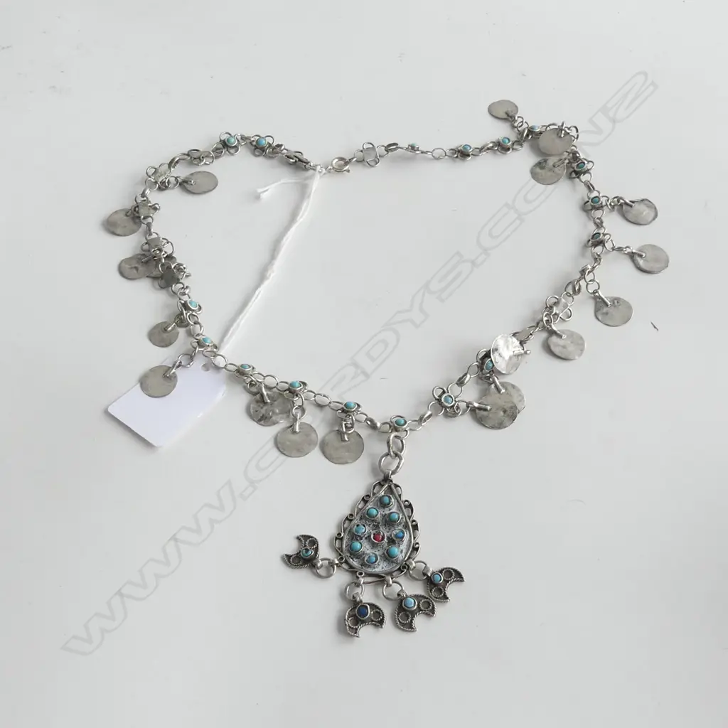 VINTAGE SILVER DECORATIVE NECKLACE W TURQUOISE CABOCHONS & SUSPENDED DISCS Image 1++