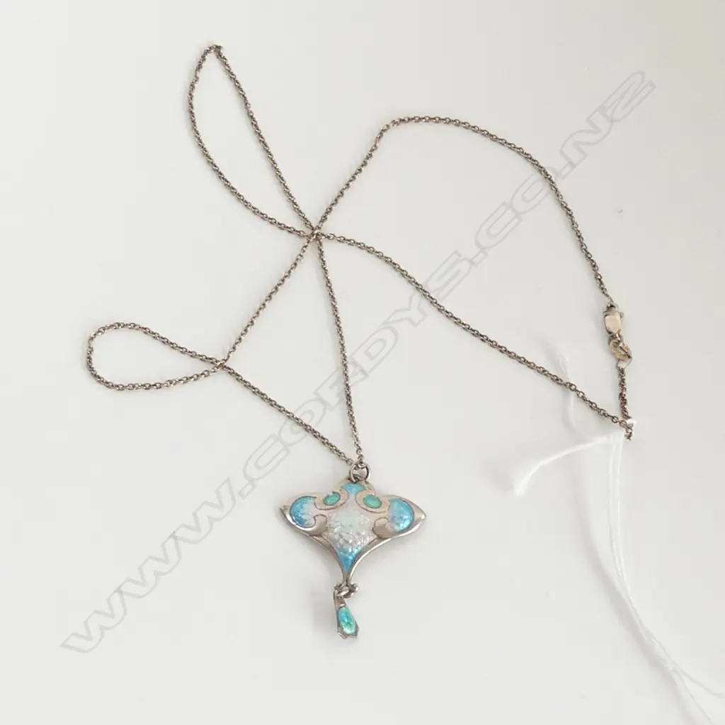 ART NOUVEAU SILVER & ENAMELPENDANT W DROP. SILVER CHAIN. B.1910 Image 1++