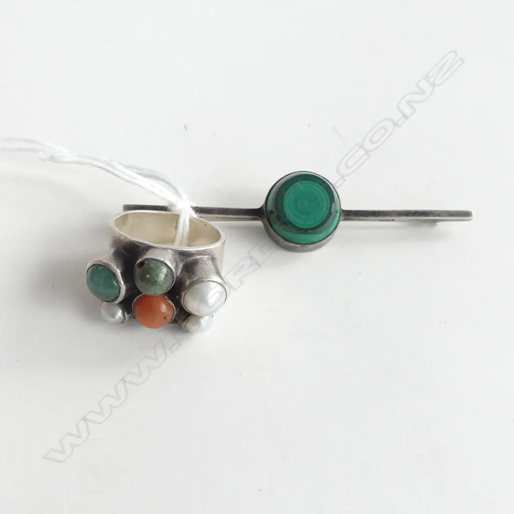 SILVER RETRO DESIGNER RING CABOCHONS & PEARLS + MALACHITE BROOCH Image 1++