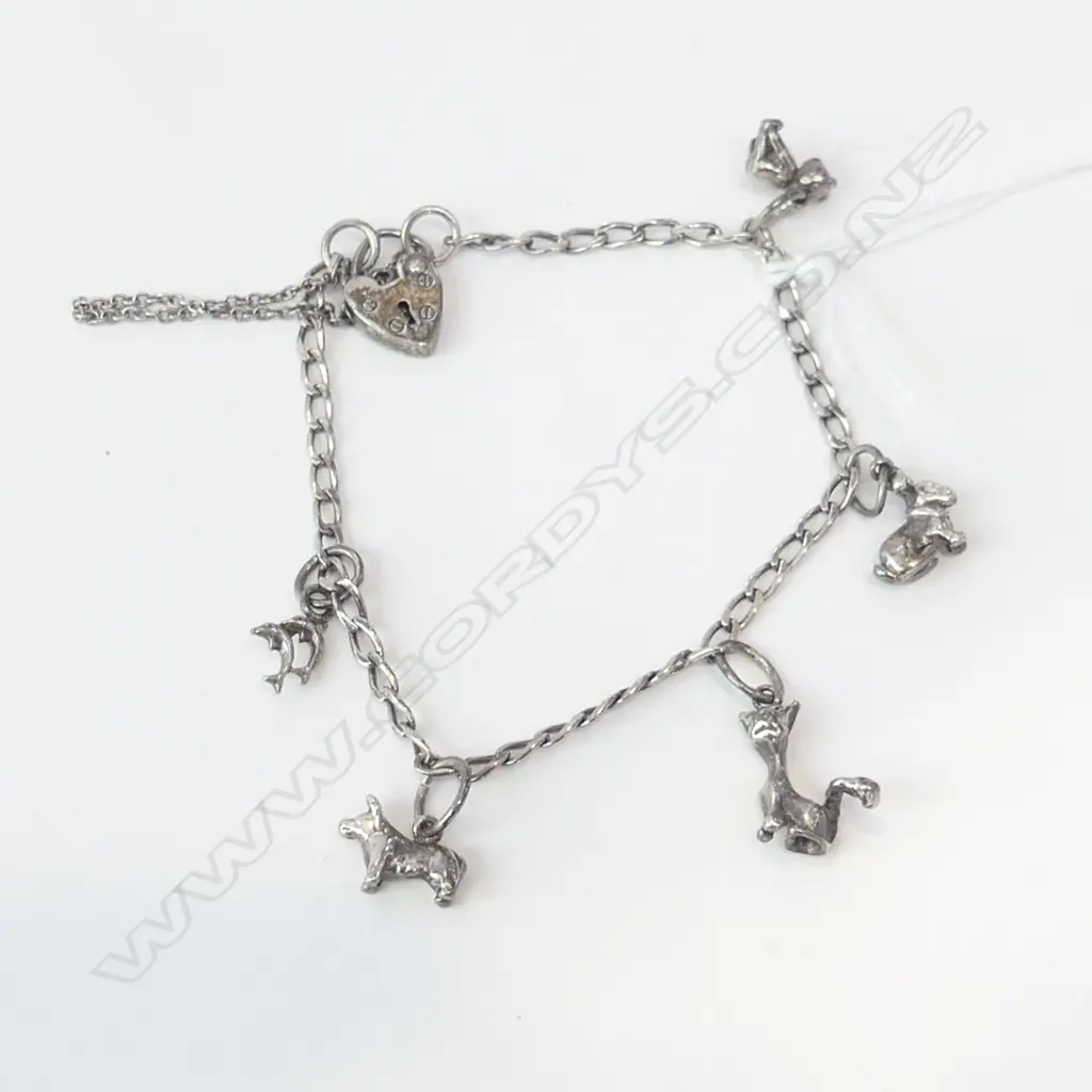 STG SILVER LOCKET CHARM BRACELET WITH 5 ANIMAL CHARMS Image 1++