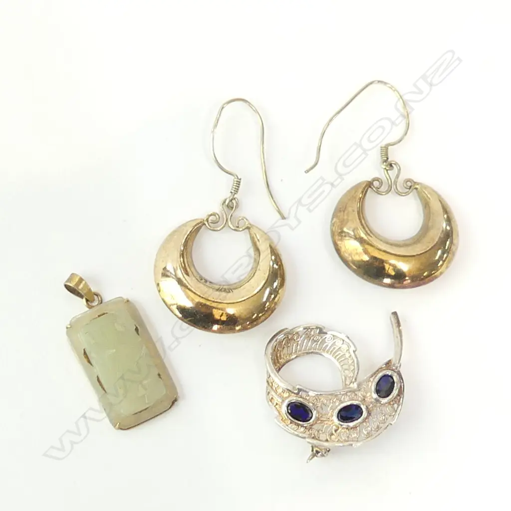 PR GOLD GILT HEAVY HOOP EARRINGS + PENDANT & STG SILVER BROOCH Image 1++