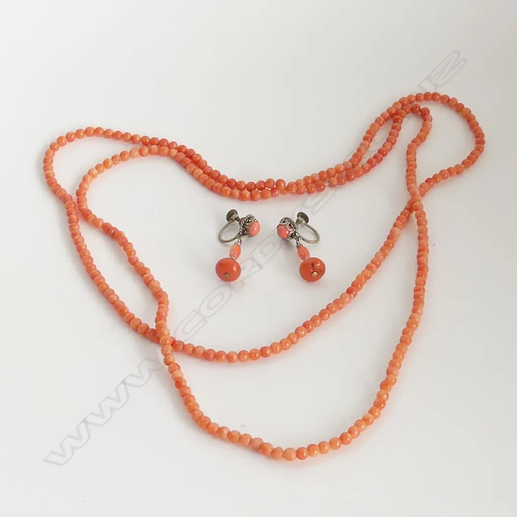 VINTAGE MEDITTERANEAN CORAL NECKLACE & EARRINGS L.1010mm Image 1++