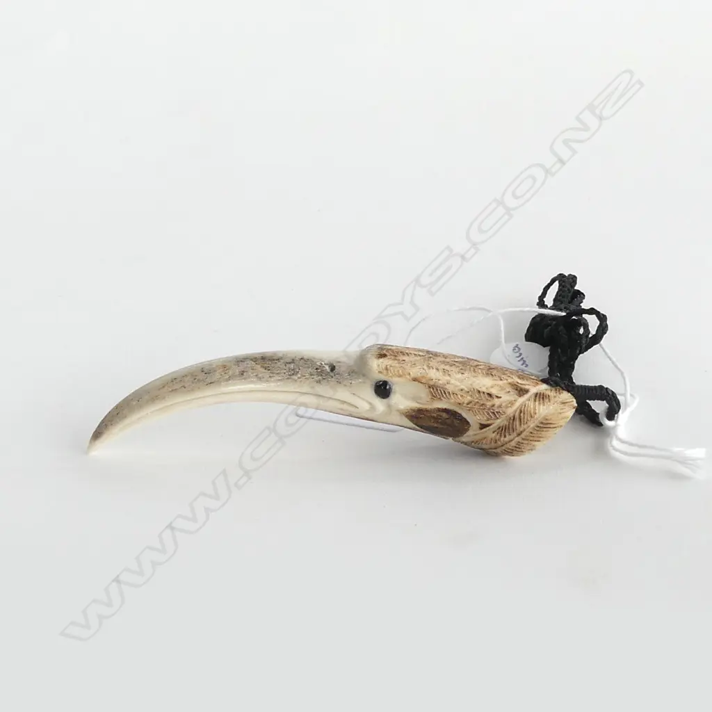 FUMIO NOGUCHI (NELSON NZ) CARVED BONE 'HUIA' PENDANT L.100mm Image 1++