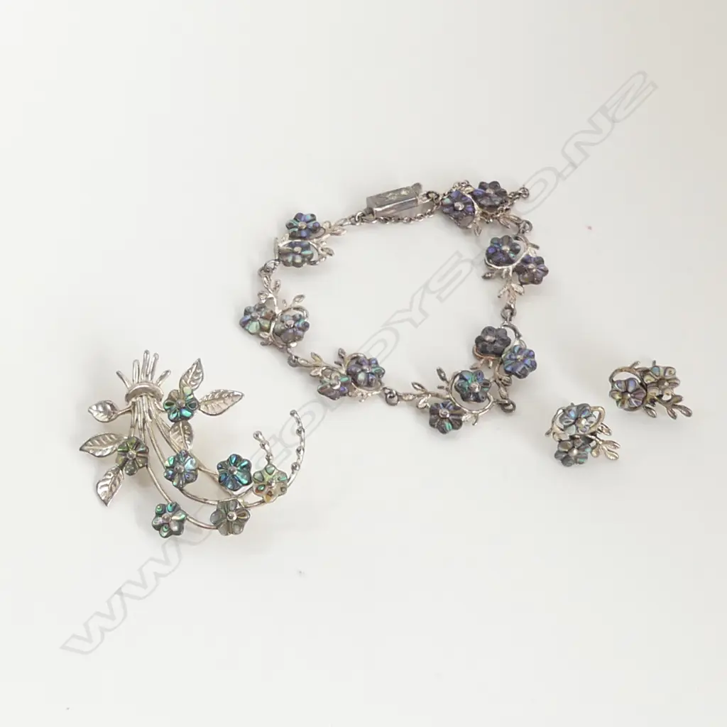 G.D BEATSON FLOWER SPRIG SILVER AND PAUA BROOCH, BRACELET AND EARRINGS Image 1++