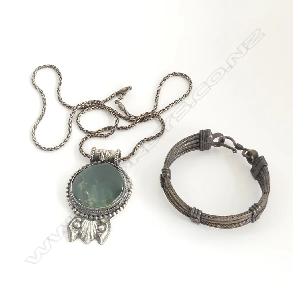 AFGHAN SILVER BRACELET & STONE PENDANT & CHAIN Image 1++