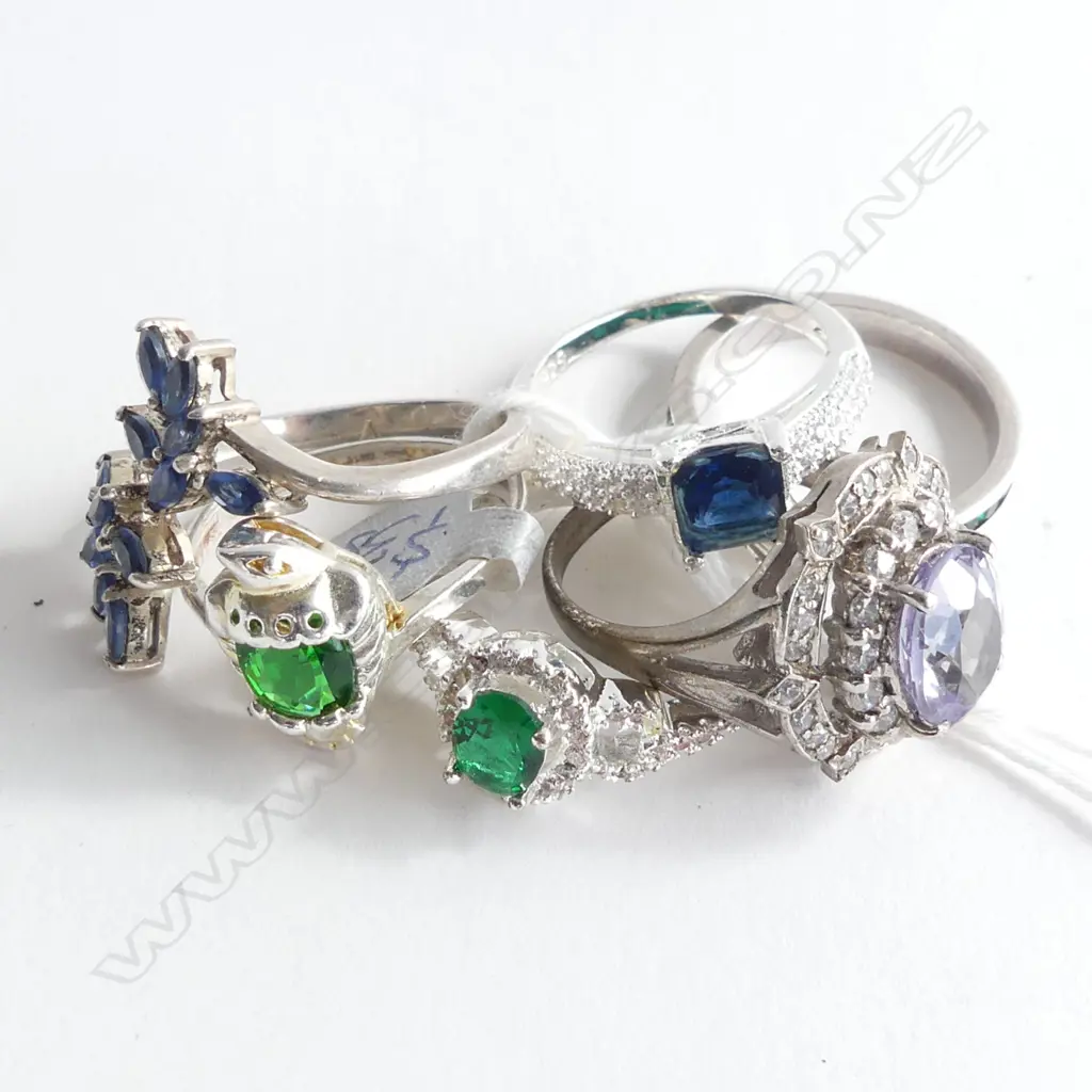6 STG & BLUE / GREEN FAUX GEMSTONE RINGS 18 GRAMS Image 1++