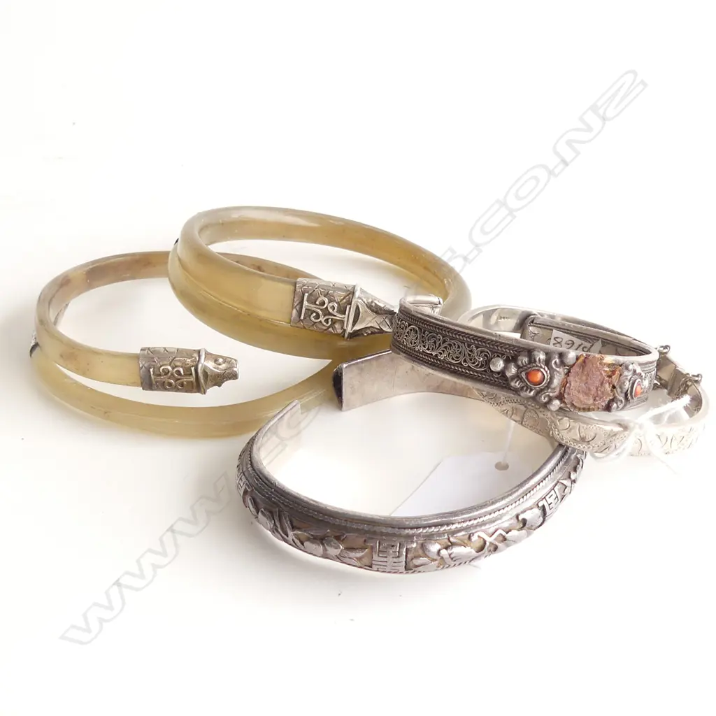 5 BANGLES; 3 UNMARKED SILVER, 2 BONE w. 925 ENDS Image 1++