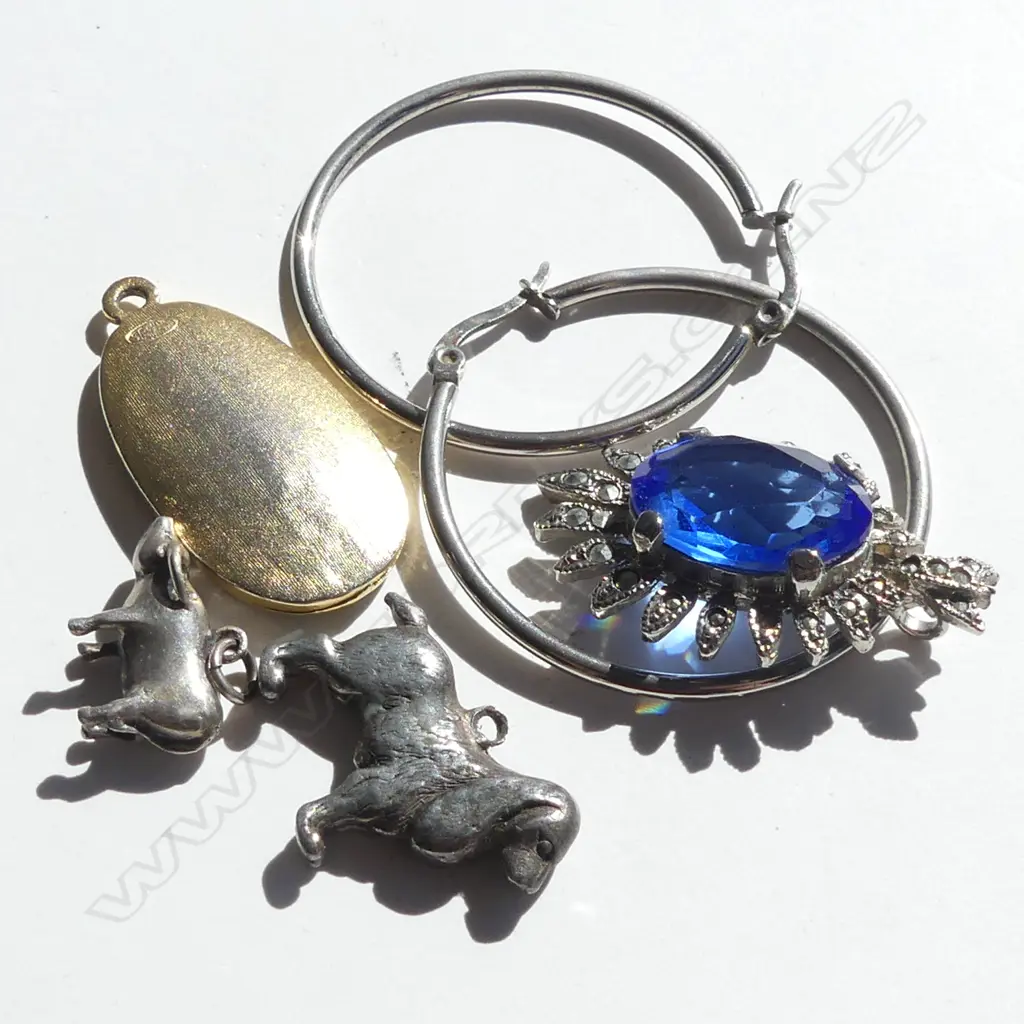 2 PENDANTS; 1 A/F, PR LG SILVER HOOP EARRINGS + 2 SILVER CHARMS (PIG & SPANIEL) Image 1++