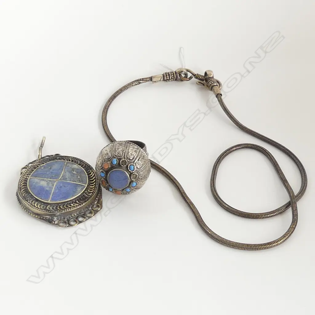 AFGHAN SILVER & LAPIS LAZULI RING & PENDANT + AFGHAN SILVER CHAIN Image 1++