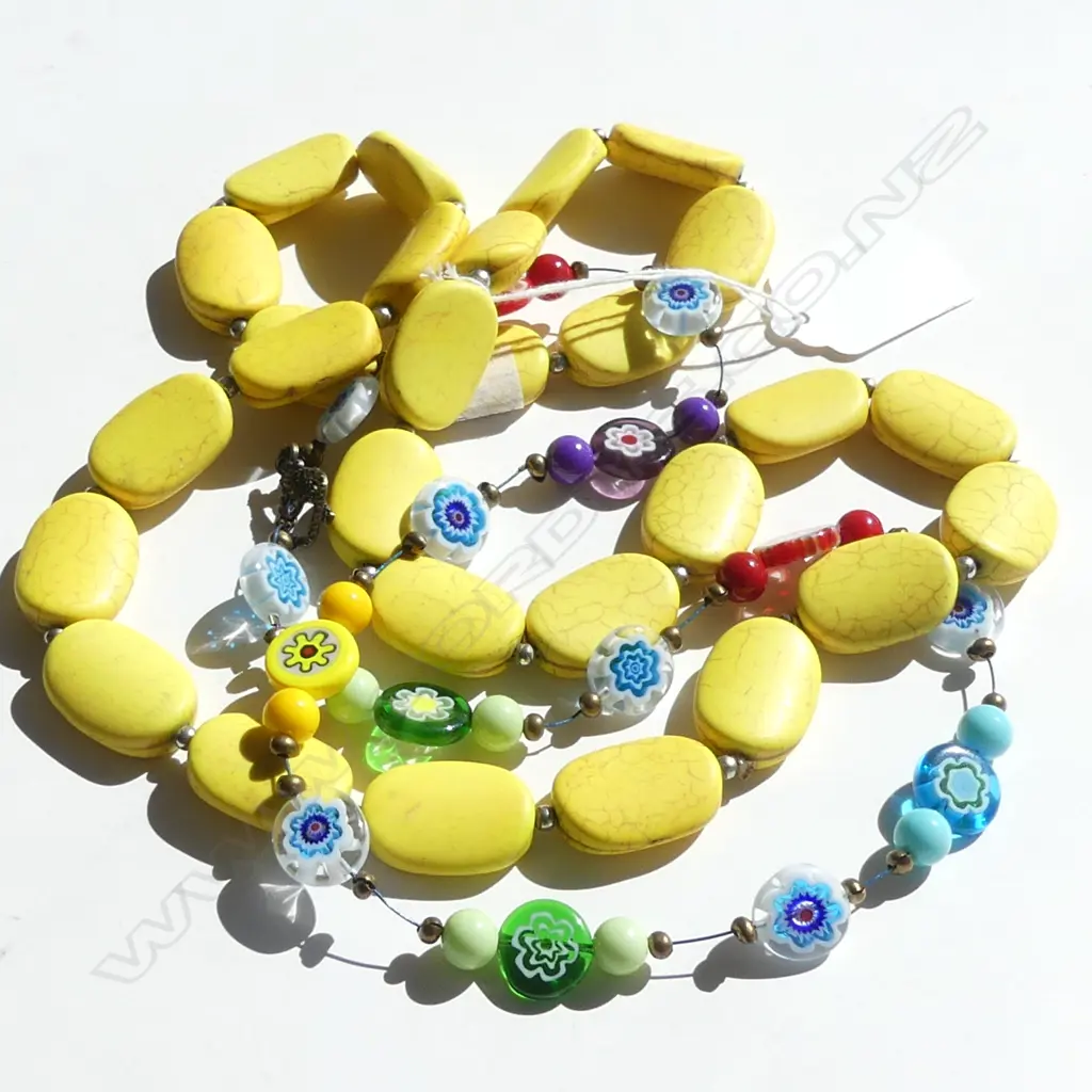 YELLOW STONE BEAD NECKLACE & MILLEFIORE GLASS BEAD NECKLACE Image 1++