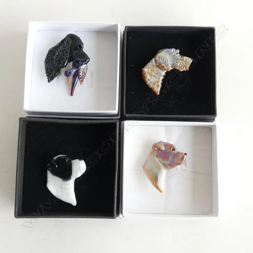 NEIL HARRIS DECORATIVE GLASS JEWELLERY; 4 ASST DOG BROOCHES - EACH IN INDIVIDUAL BOX... Image 1++