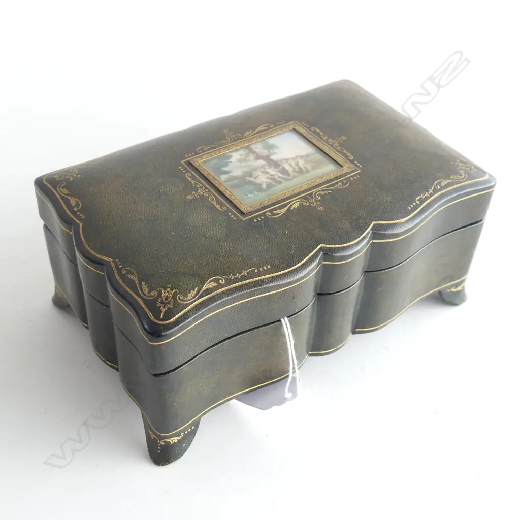 ITALIAN HAND TOOLED LEATHER HAND PAINTED JEWELL BOX L.180mm Image 1++