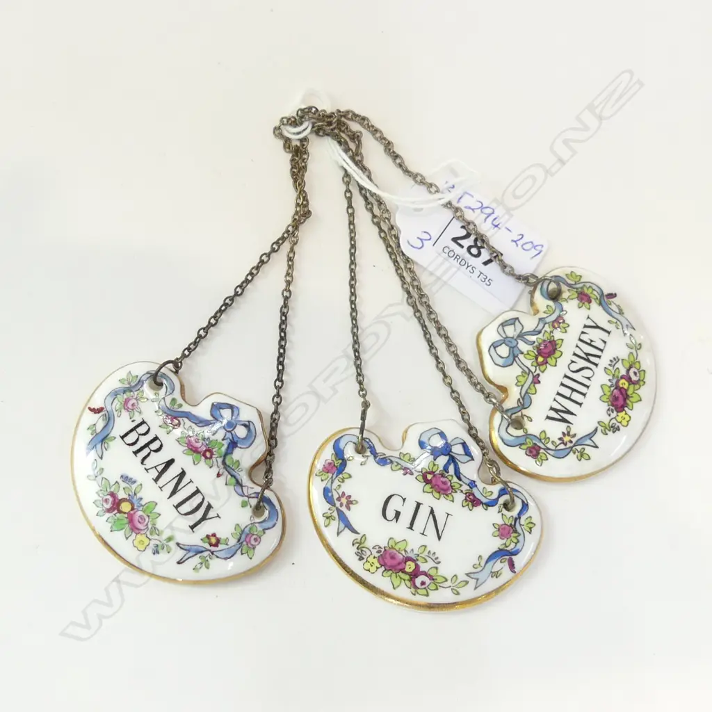 SET THREE ROYAL CROWN DERBY DECANTER LABELS - WHISKY, GIN & BRANDY Image 1++