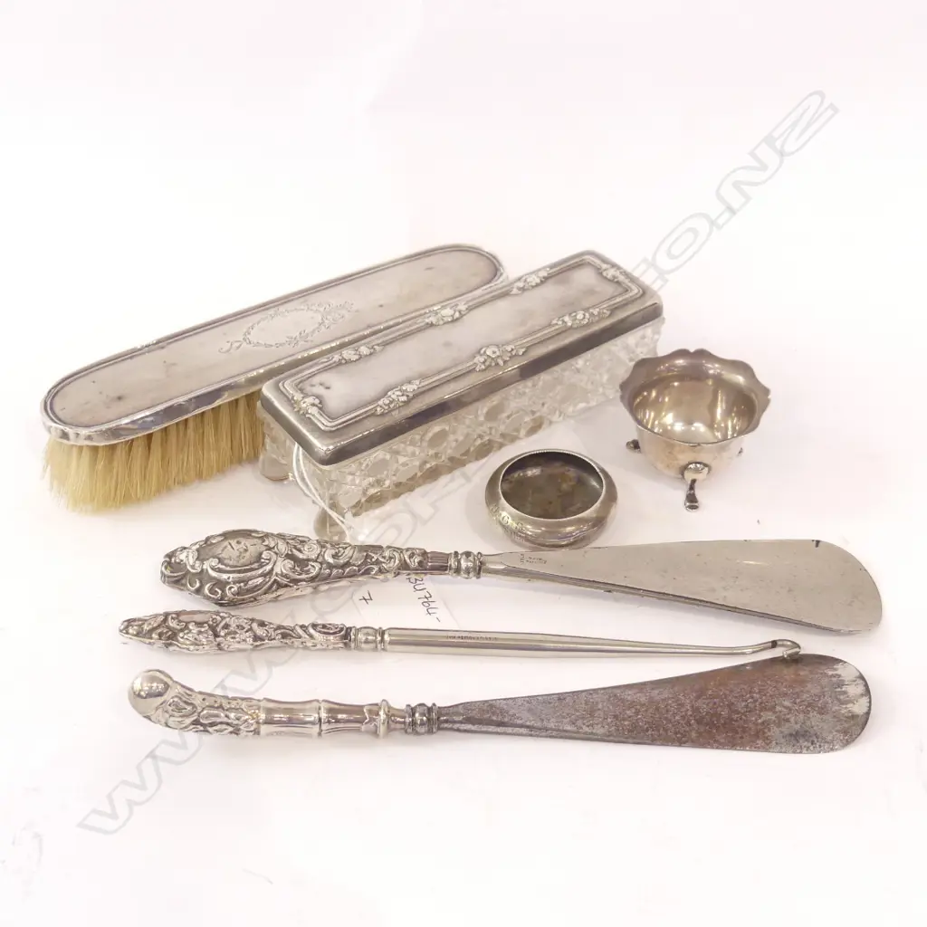 2 STG SILVER SHOE HORNS & LACER, STG SILVER BACKED BRUSH & LIDDED GLASS CONTAINER + 2 SM STG SALTS Image 1++